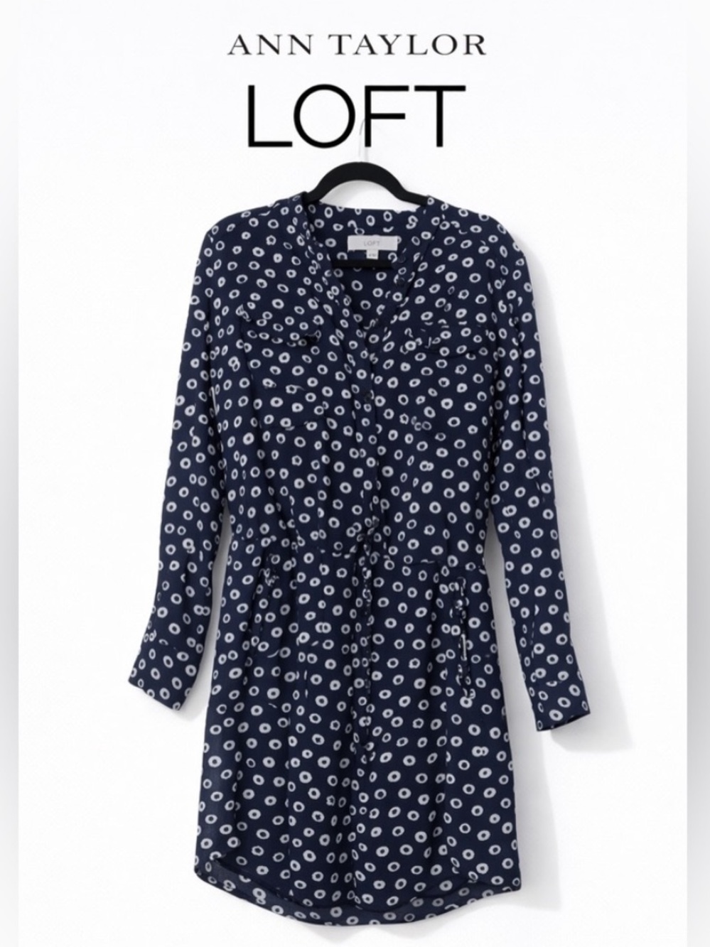 Ann Taylor LOFT Navy and White Long Sleeve Shirt Dress with Tie Waist